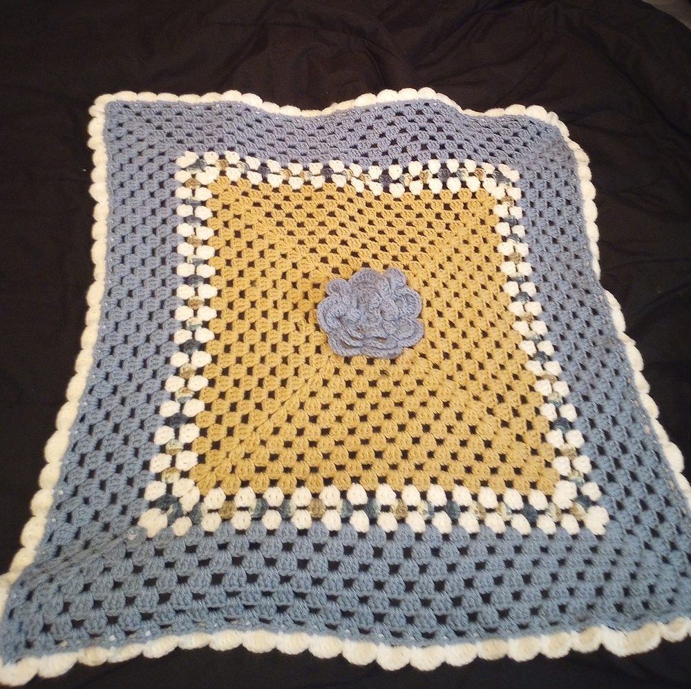 Vintage Handmade Crochet baby blanket or bed accent with flower